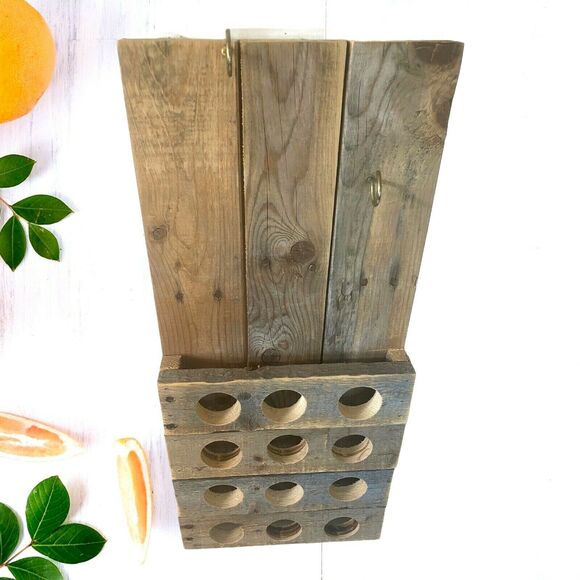 Wine Spice Bottle Rack Distressed Wood Handcrafted Rustic Wall Mount Hook Shelf - Picture 1 of 10